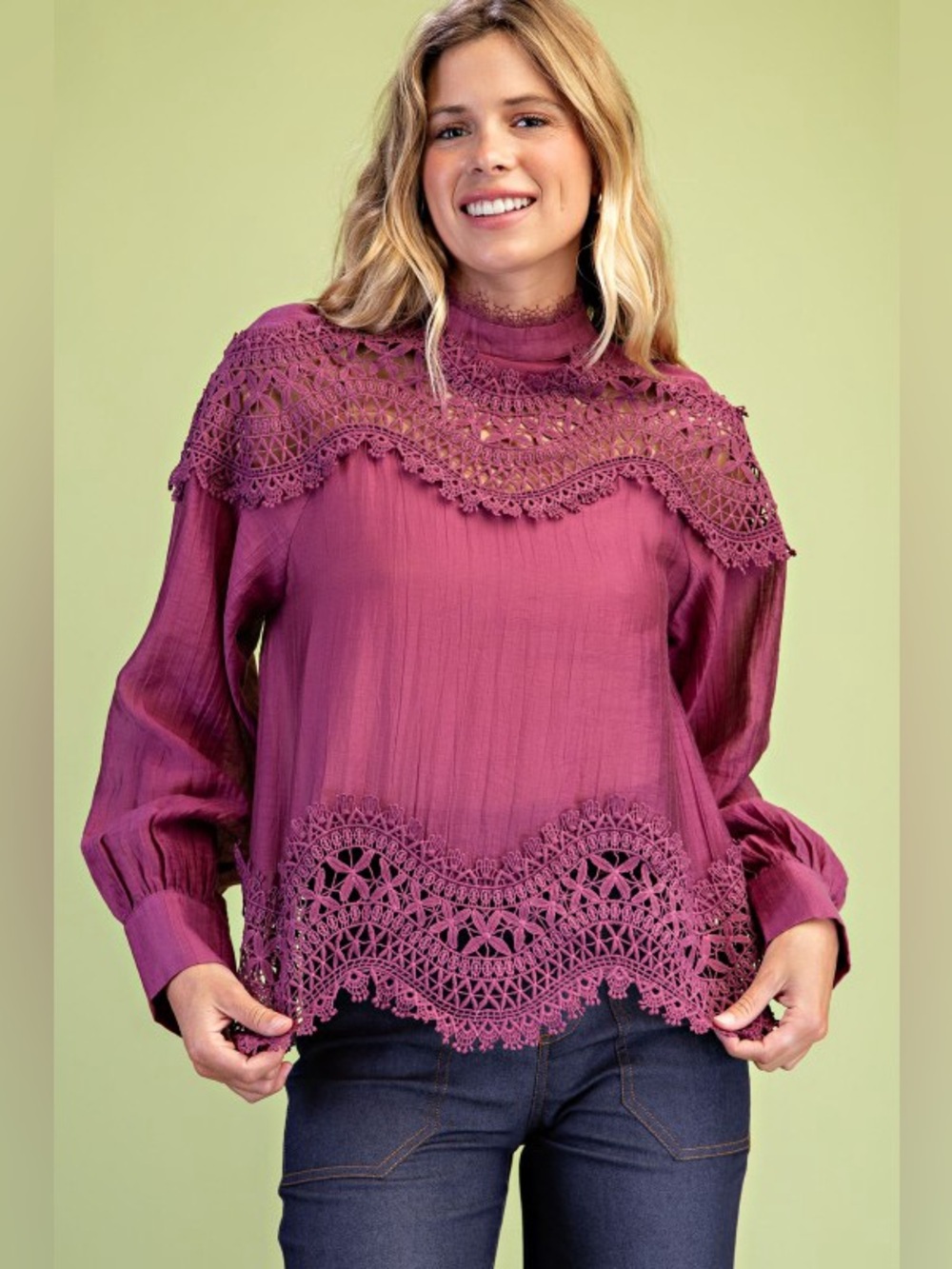 Sheer High-Neck Lace Patchwork Blouse – Plum - Picture 2 of 7